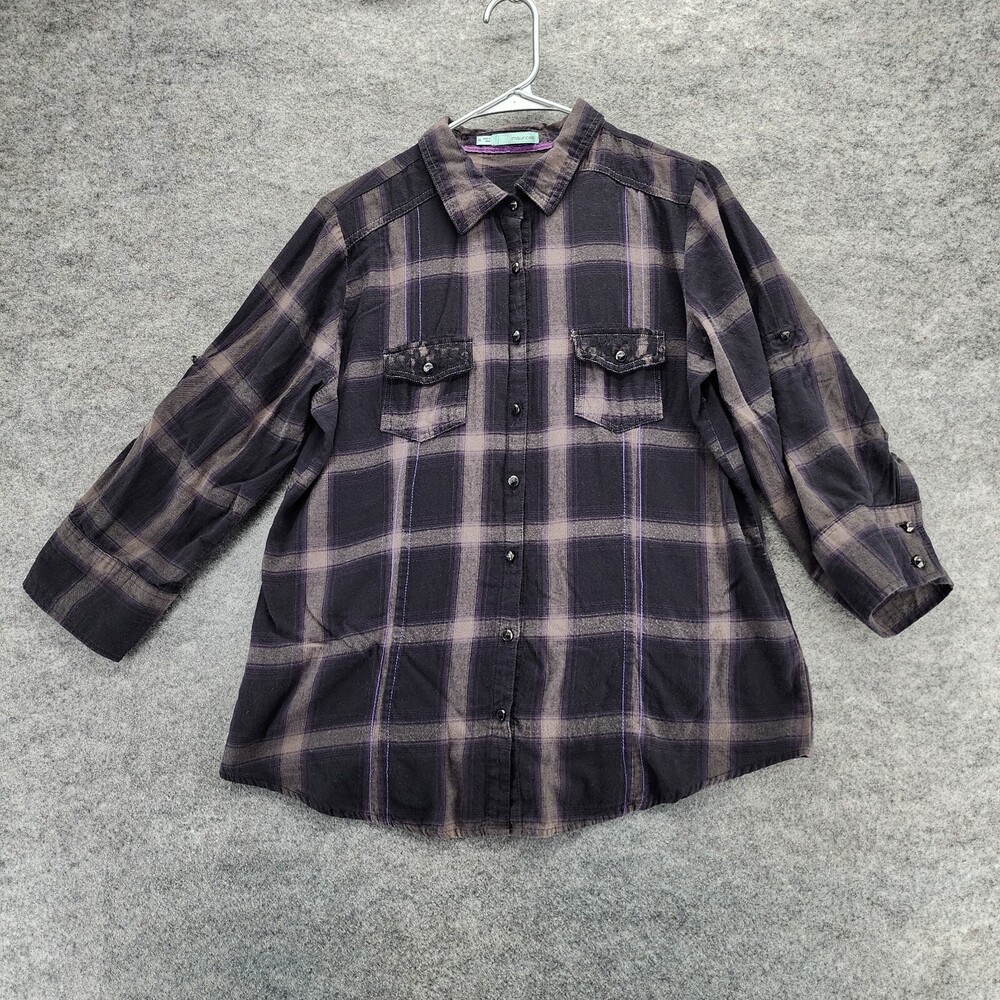 Maurices Shirt Womens Extra Large Button Up Roll Tab Sleeve Black Plaid